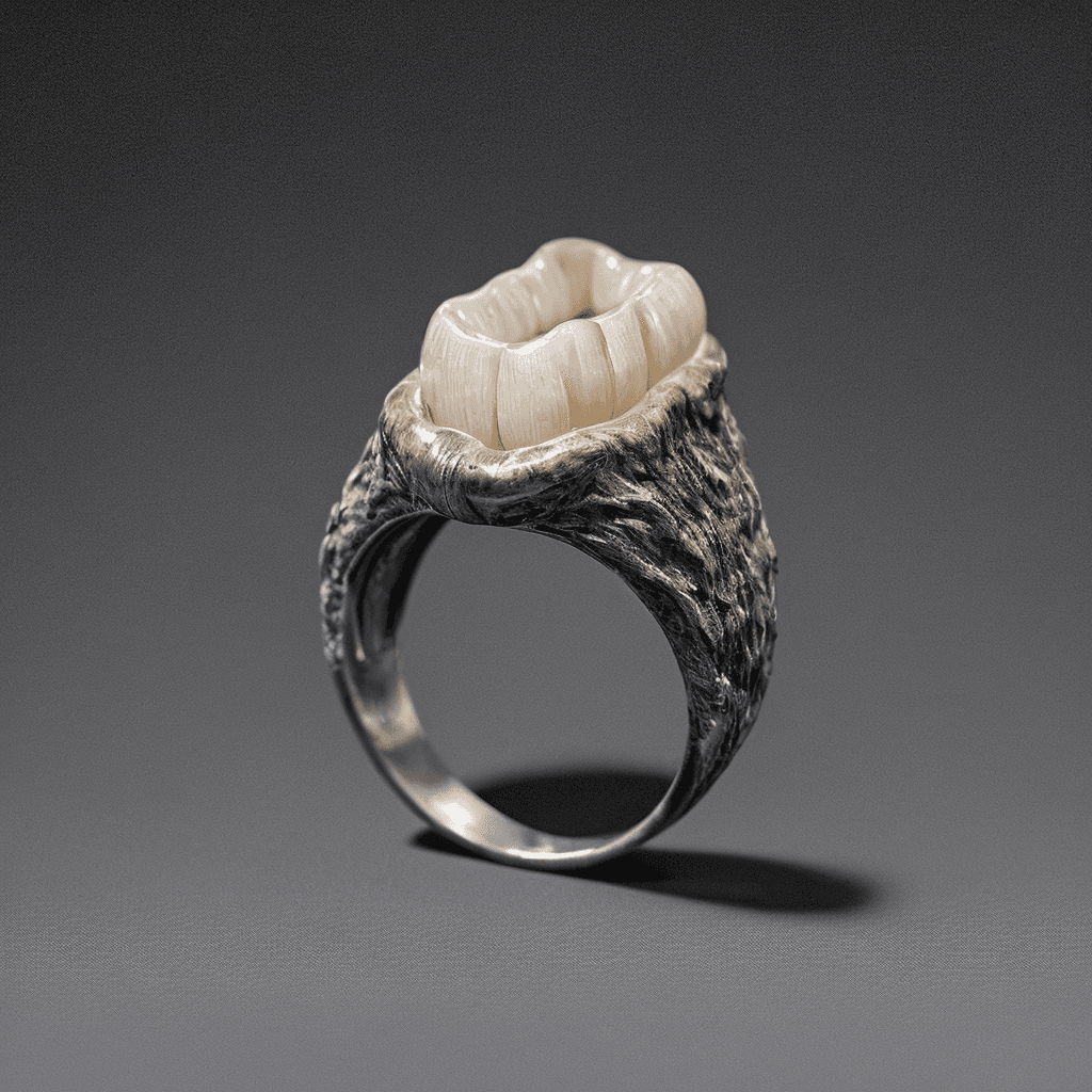 AI generated: ([hdr, film still] lifelike textures),image of a ring featuring a human molar tooth as its centerpie...