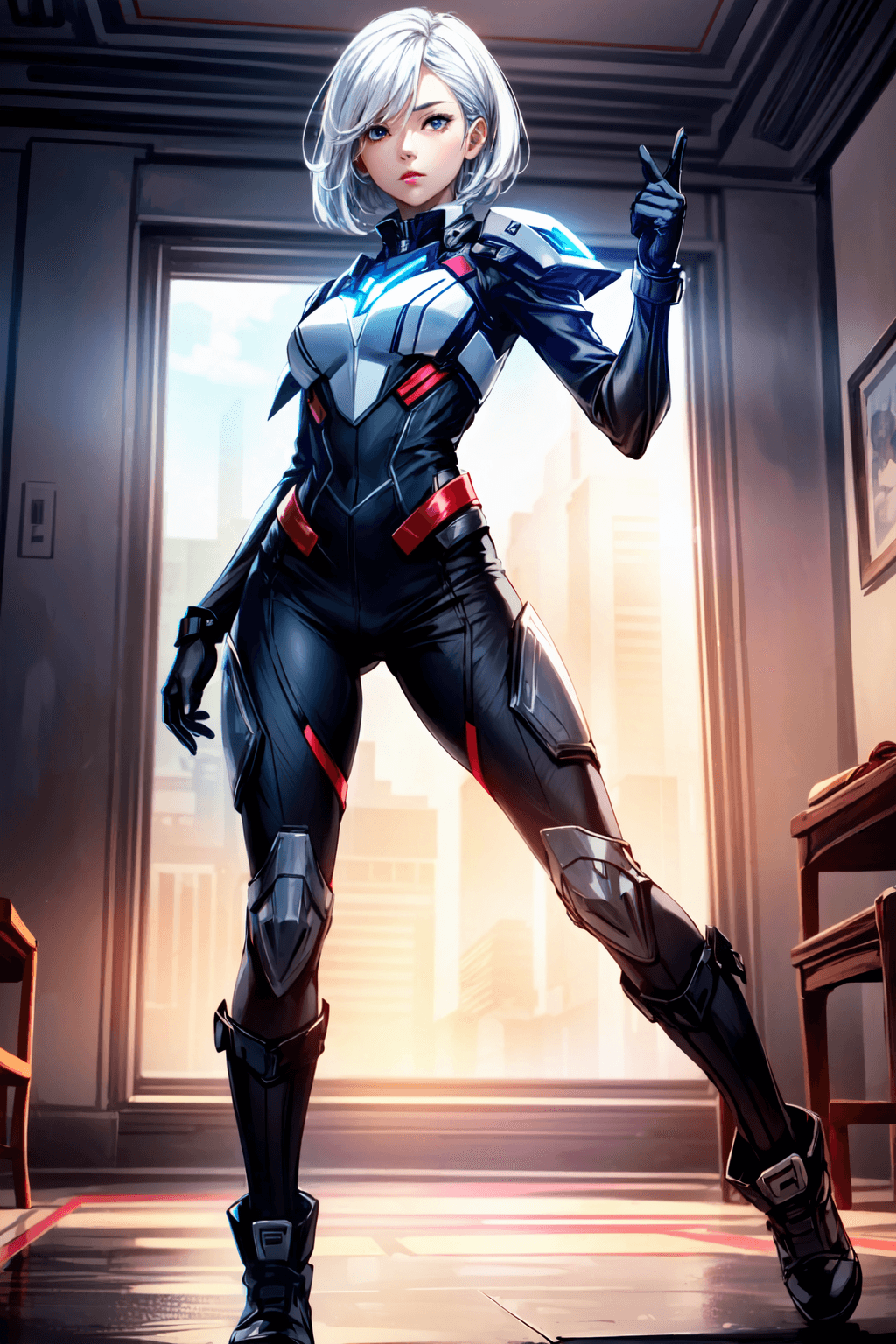 AI generated: (1girl, full body), action scene, dynamic pose, Beautiful Korean woman, kpop idol, wearing Mass Effe...