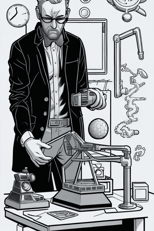 AI generated: A shockingly detailed monochromatic vector illustration of "Mr. Wolfe" examining a strange and other...