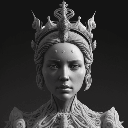 AI generated: a black and white sculpture of a woman with an elaborate crown, in the style of hyper-realistic sci-...