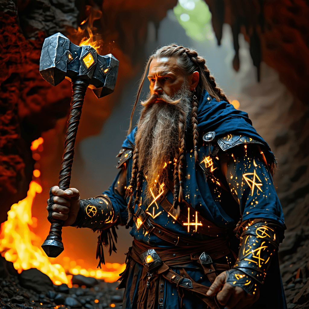 AI generated: A powerful dwarven runecaster, her braided beard adorned with glowing stones and her skin marked wit...