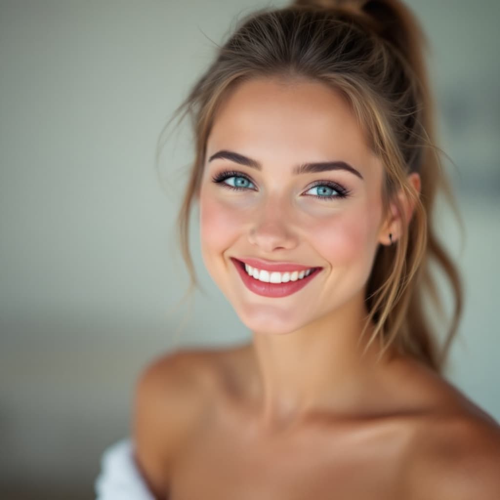 AI generated: A portrait of a young woman with light brown hair in a high ponytail, smiling softly with blue eyes ...