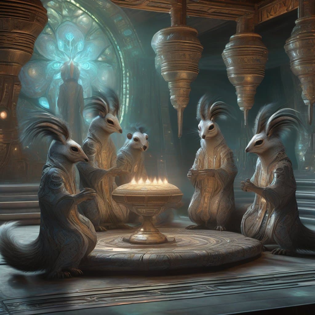 AI generated: A group of alien ( squirrel-emu ) priests (detailed faces) of an extraterrestrial cult performing st...