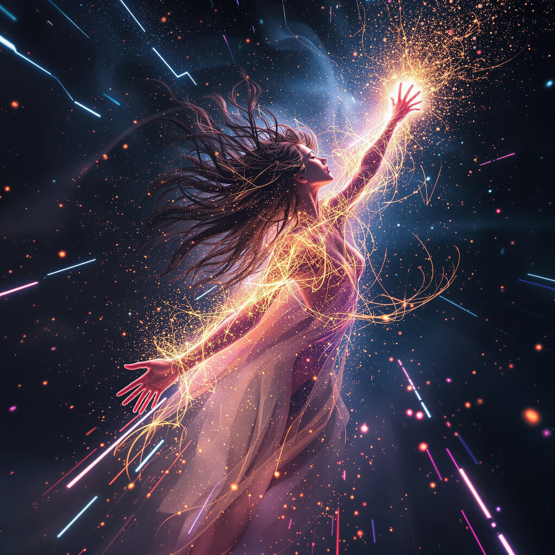 AI generated: futuristic trance music cover, female figure appearing to fall, reaching out with one hand as if see...