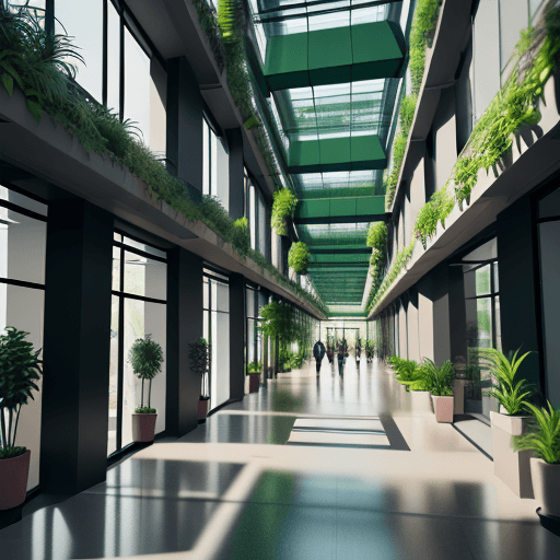 AI generated: show me the inside of a building with a huge atrium and green wall. Add walk ways on the ground floo...