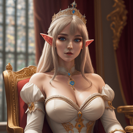 AI generated: Ultra-detailed upper body photo of seductive royal elf female, pretty face, majestic dress, sitting ...