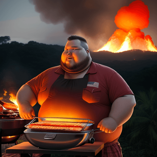 AI generated: A fat American man lighting a BBQ with a (red can of gasoline) lots of meat on the BBQ. USA Flag clo...