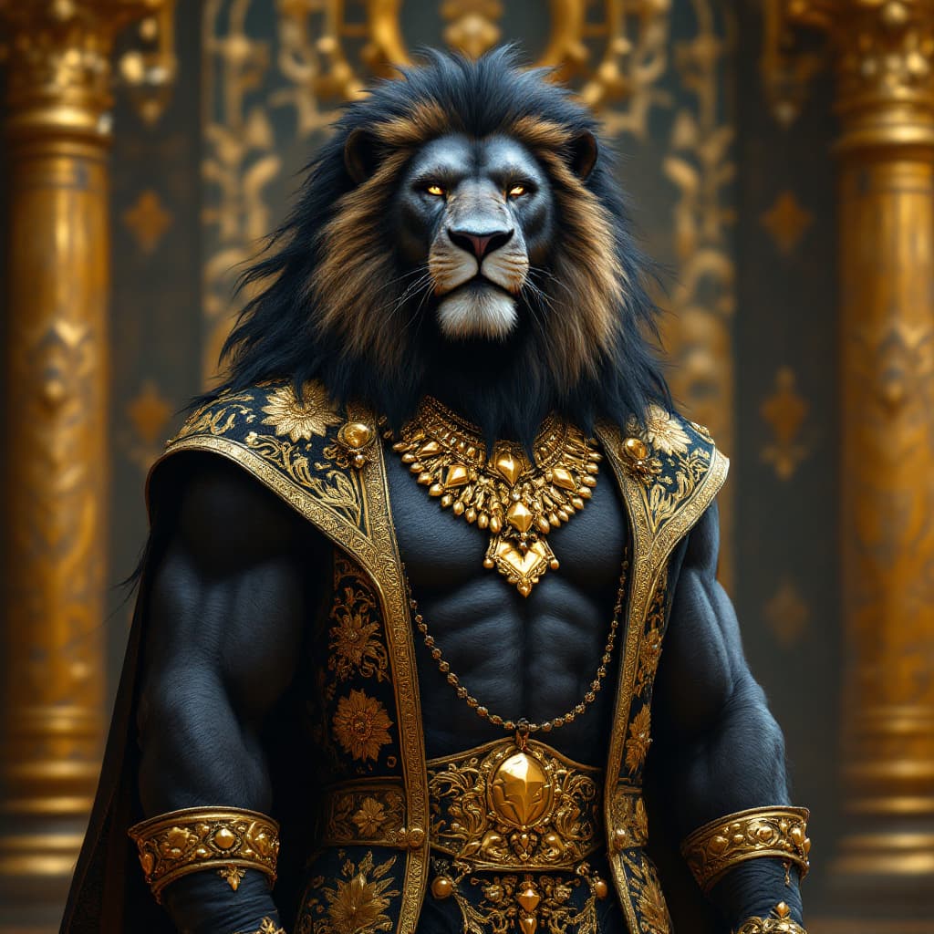 AI generated: "A majestic black African  anthropomorphic lion character stands  in his palace confidently.  design...