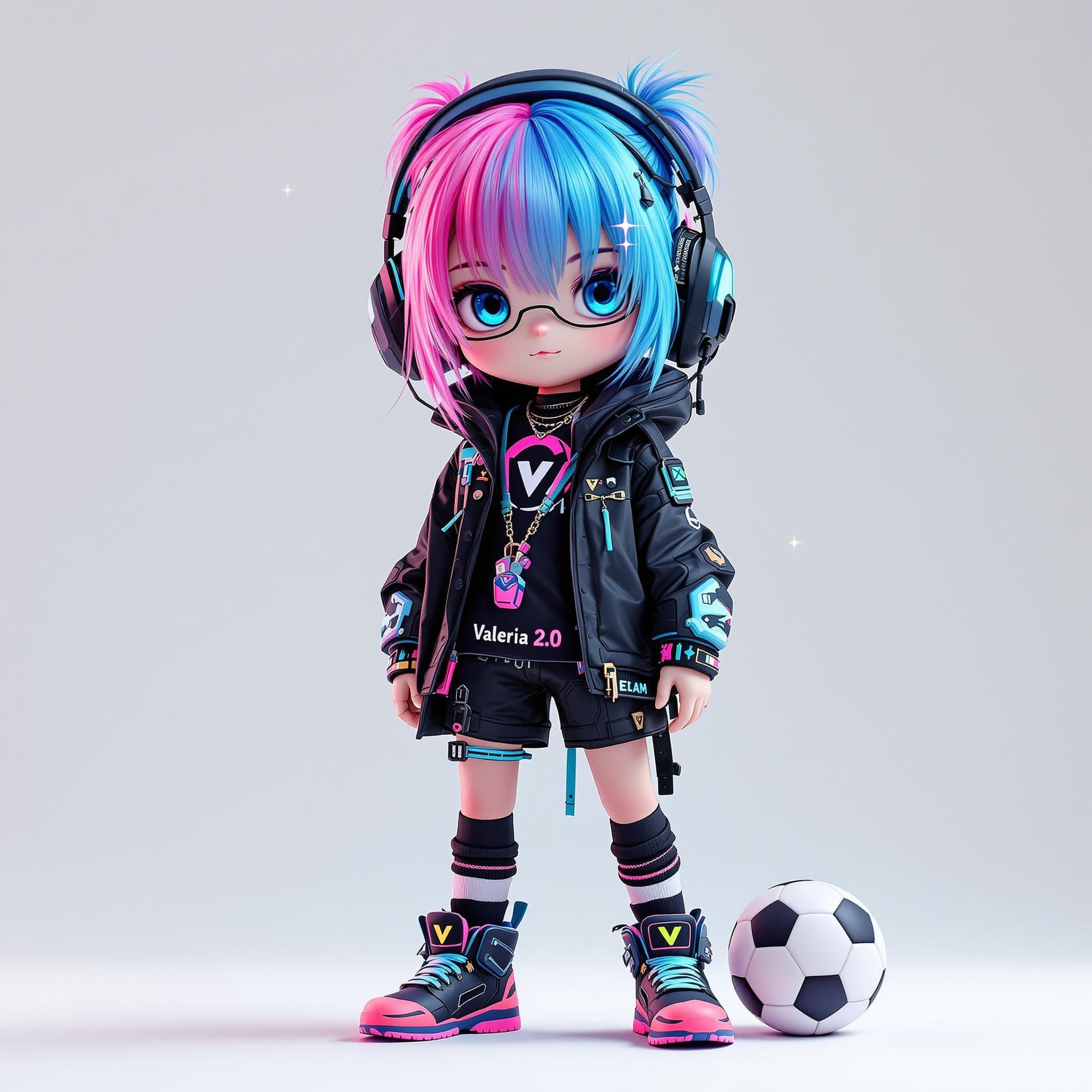 AI generated: Un personaje digital con estética cyberpunk y kawaii, vestido con ropa negra con detalles de neón az...