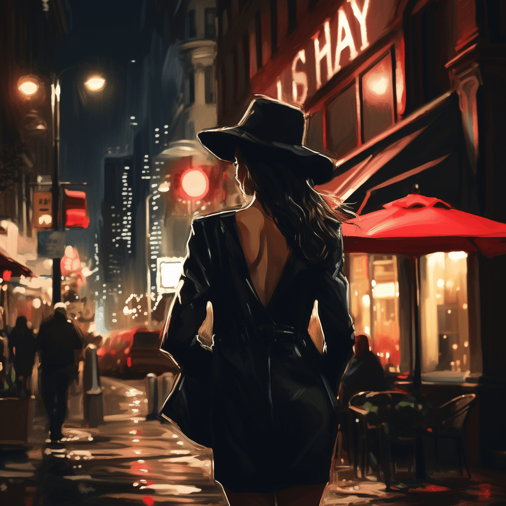 AI generated: Late nights in soho in the 80's woman walking down the street, In the style of film noir, Vray Traci...