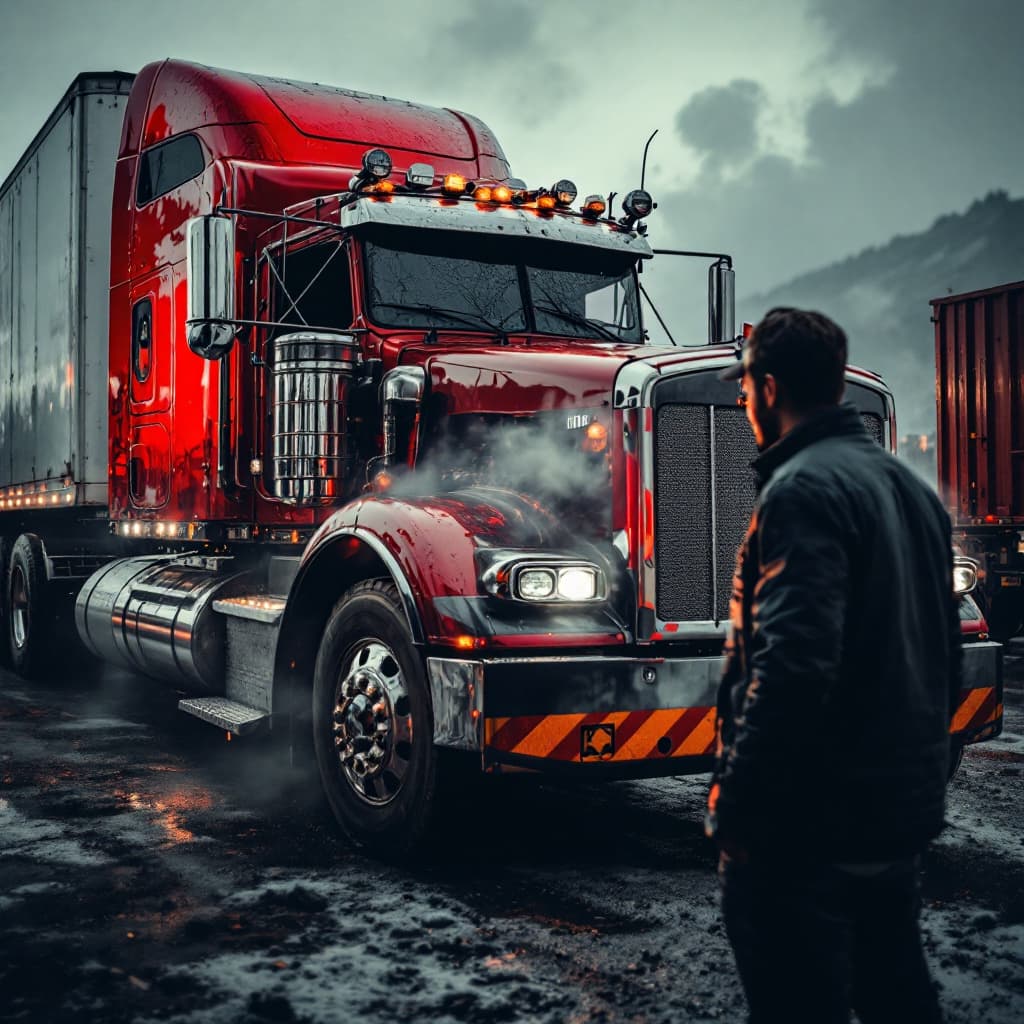 AI generated: camion kenworth rojo cofre abierto 
viendose el motor 

