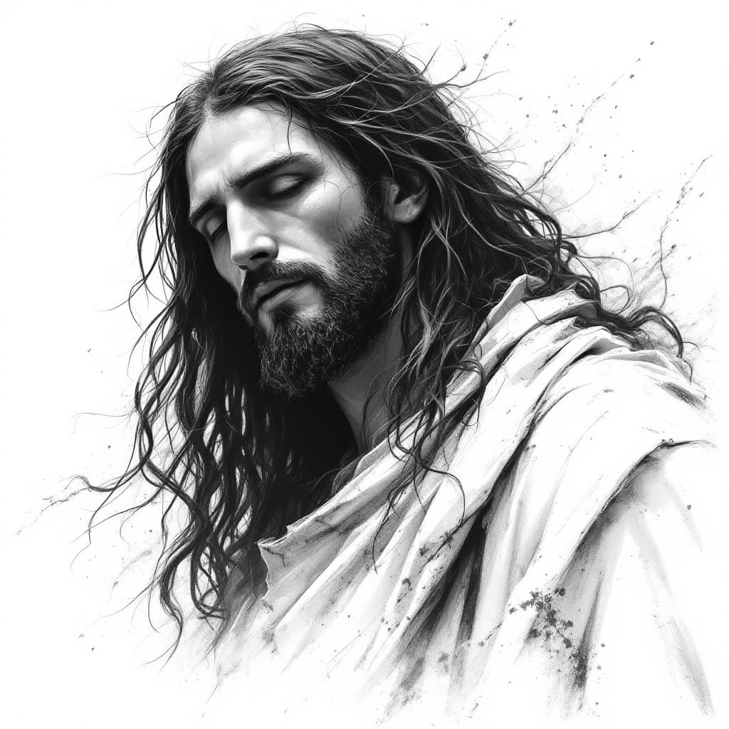 AI generated: black and white drawing of a jesuschrist, white background, high contrast, low color palette, fantas...