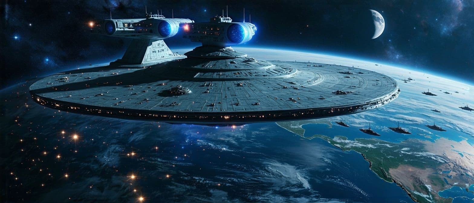 AI generated: A majestic starship, the U.S.S. Stargazer, glides smoothly into the frame, its hull illuminated by t...