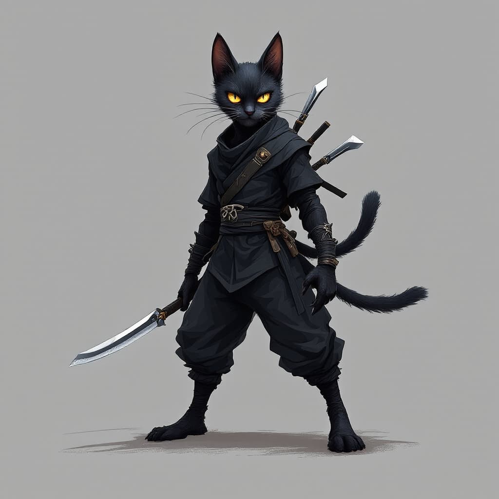 AI generated: A sleek and agile humanoid cat, dressed in the attire of a skilled ninja. His body is lithe and athl...