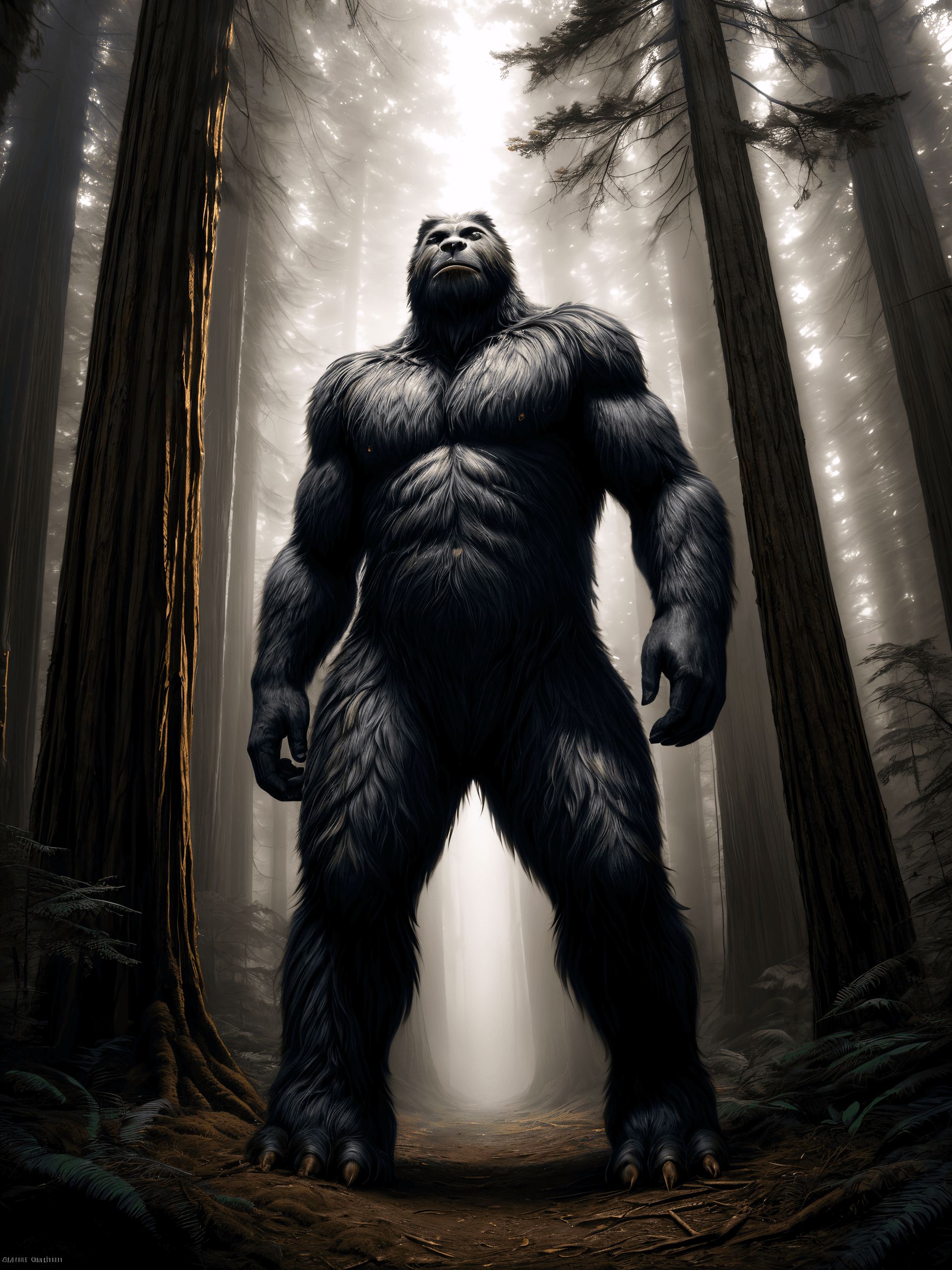 AI generated: (Masterpiece, Award winning, Highest Quality:1.2) full body shot, A Sasquatch in the Redwoods, detai...