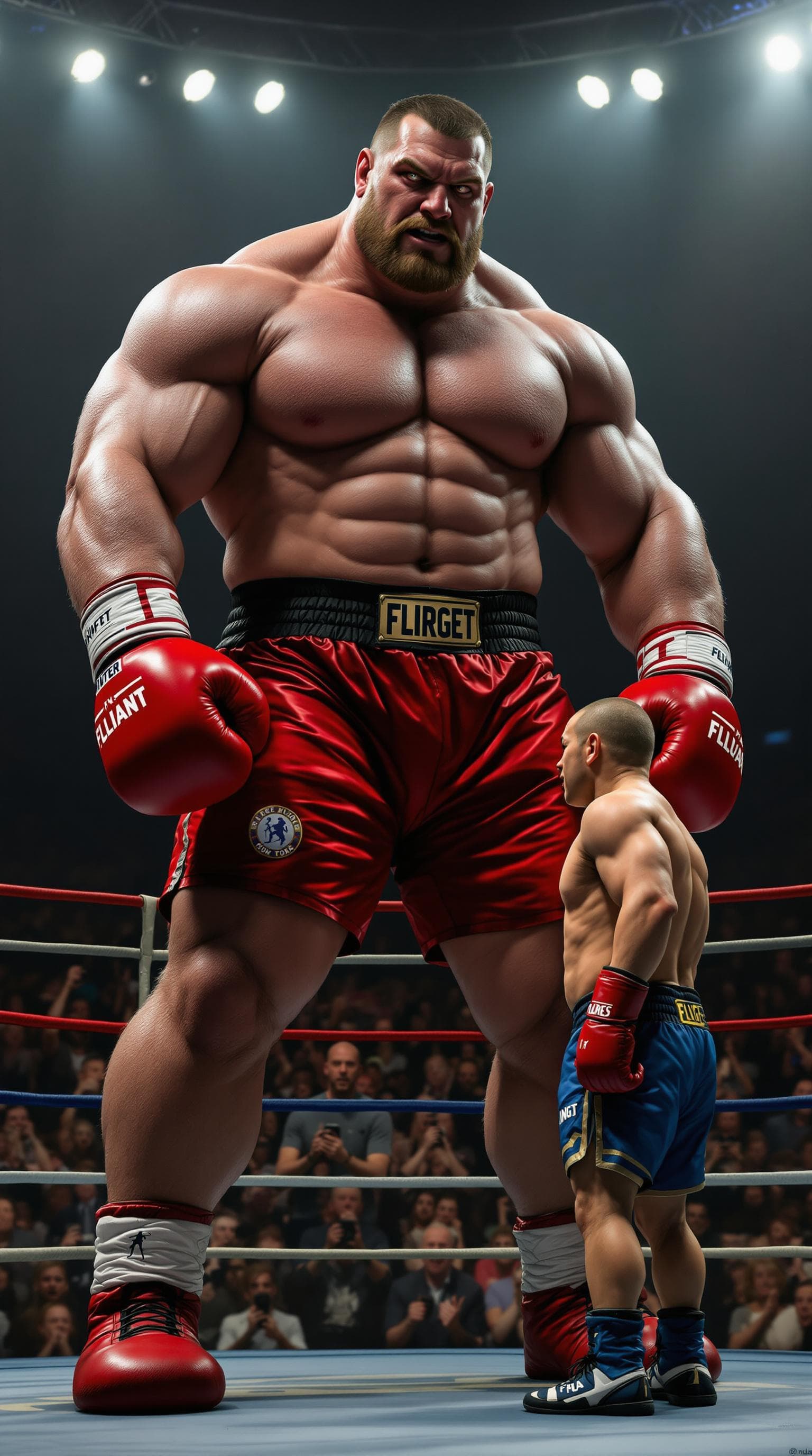 AI generated: “An unusual scene unfolds in the boxing ring: a huge boxer 3 meters tall stands in front of his oppo...