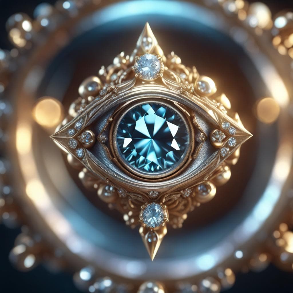 AI generated: extremely realistic, diamond eye, full view of eye, blurry middle background, ornamental, macro shot...
