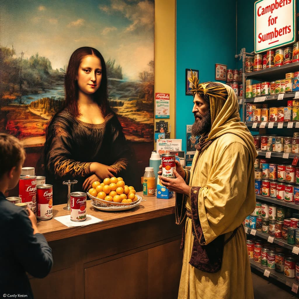 AI generated: Imagine a store where Mona Lisa sits behind the checkout and serves customers. The Jesus from da Vin...