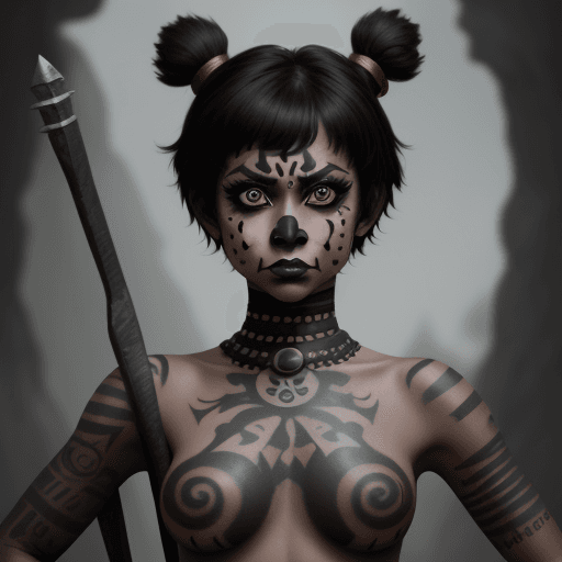 AI generated: warrior princess in a dschungle, with black face paint, black short hair, brown big eyes,  a masterp...
