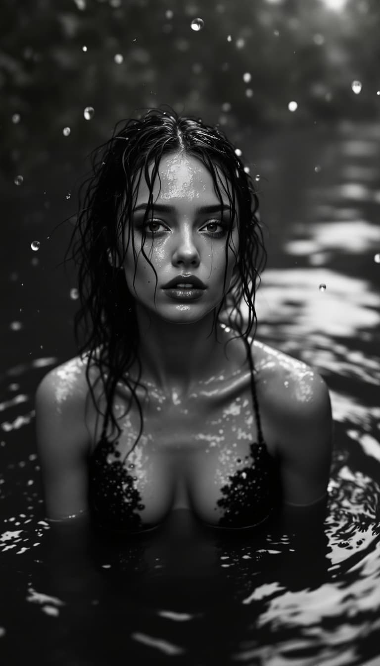 AI generated: a black and white photo of a woman in dark ooze, mert and marcus, drops, kristine froseth, carola ru...