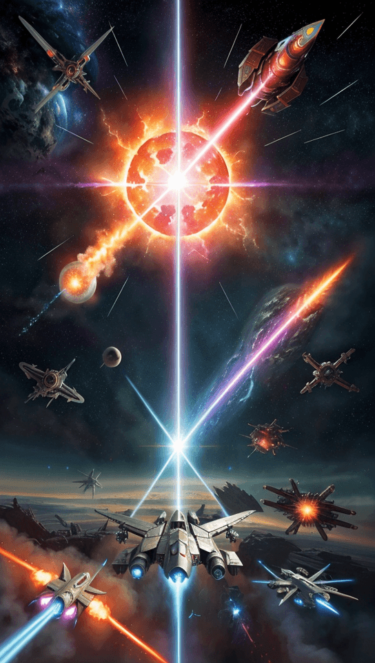 AI generated: A glossy 7 page spread depicting an epic space battle around an earth-like planet, with detailed ske...