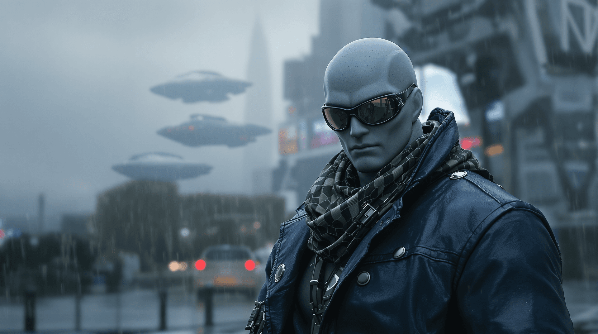 AI generated: Muscular Futuristic Humanoid Assasin from space wearing dark blue leather jacket, scarf,   , cyberpu...