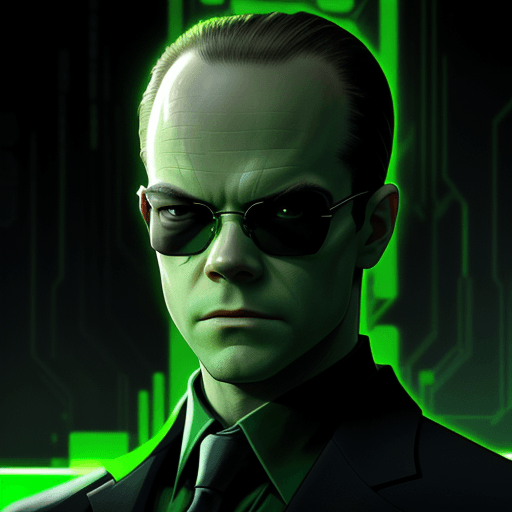 AI generated: Agent Smith from the Matrix, half of his face fading into green glowing code made of 0s and 1s, the ...