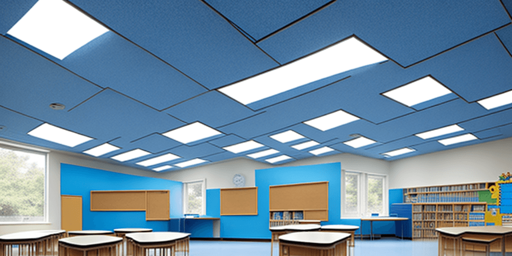 AI generated: School classroom interior design, modern style, biophilic design.   Artificial Skylight imitating bl...