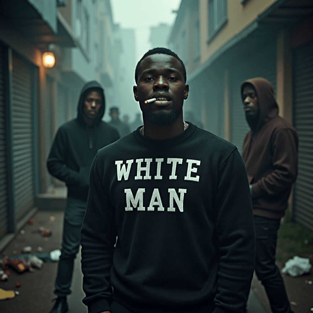 AI generated: photo of a black man with cigarette in his mouth,wearing knitted sweater with text "WHITE MAN". surr...