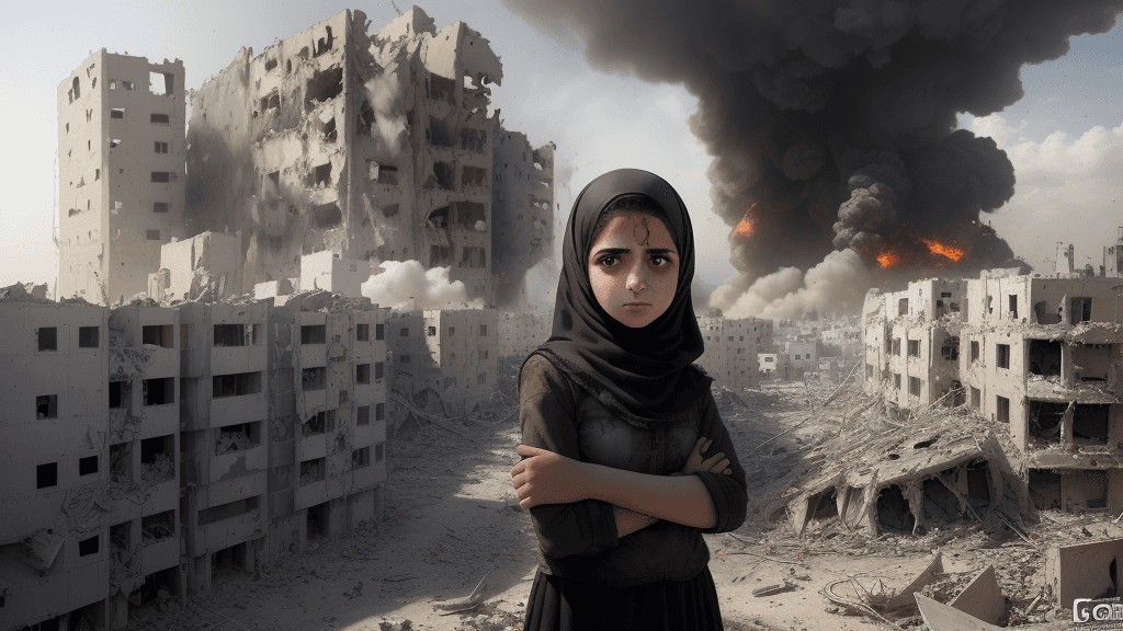 AI generated: A realistic image of a palestinian young girl, 13 years old, in a war gaza city, her facial expressi...