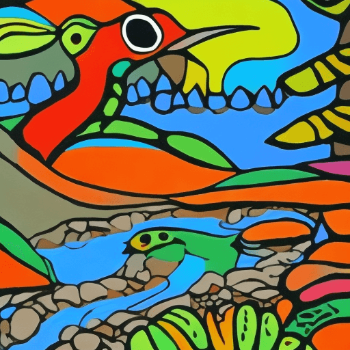 AI generated: Bird and stream, style of Norval Morrisseau