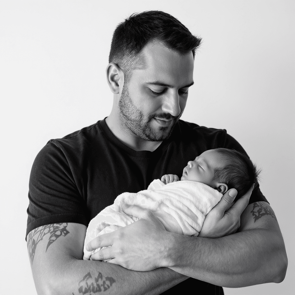 AI generated: "Grayscale photo of a father holding newborn, with only the baby blanket in color – soft blue or pin...