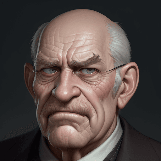 AI generated: expressive caricature in pixar style unreal charming seemingly mischievous irritated very old man wi...