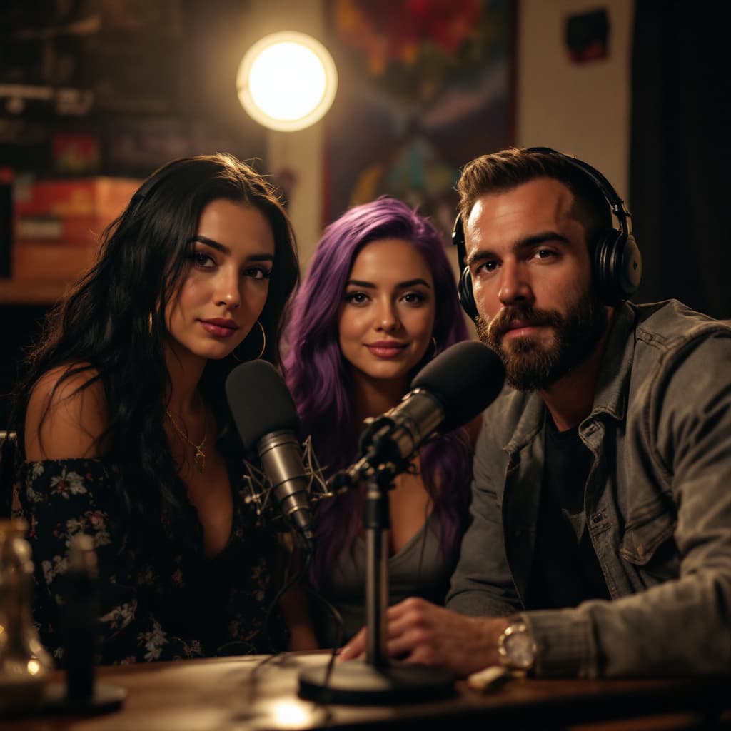 AI generated: ((Three podcast hosts pose for their cover photo)). Two women and one man with a beard sit in front ...
