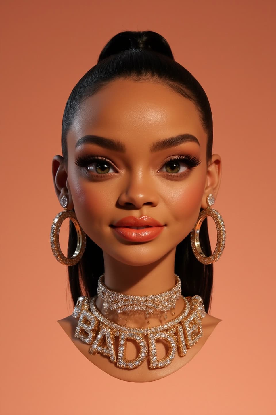 AI generated: A 3D render of a woman's head and neck that says "BADDIE." The image is a 3D render of a stylized wo...