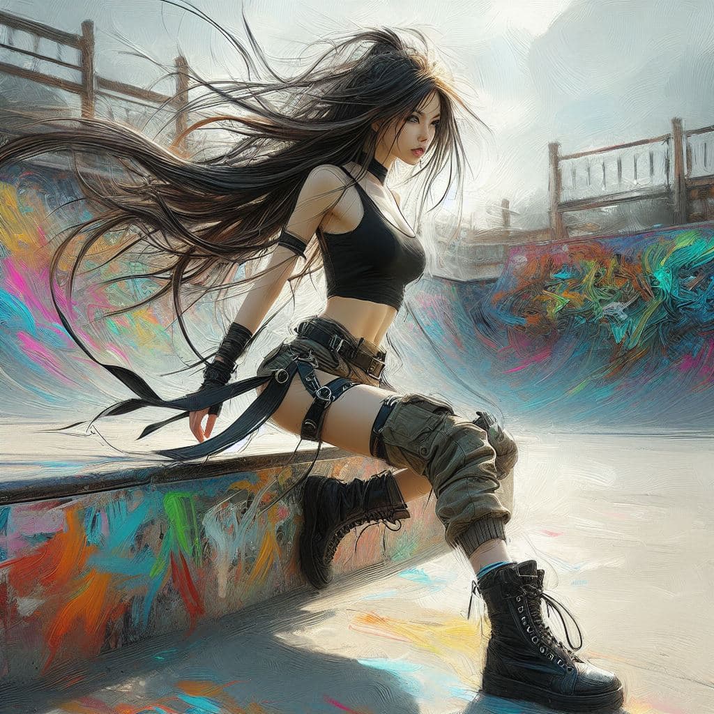 AI generated: painterly style, , Slim and svelte woman wearihng Chunli clothes, with a slender waist and hips, pos...