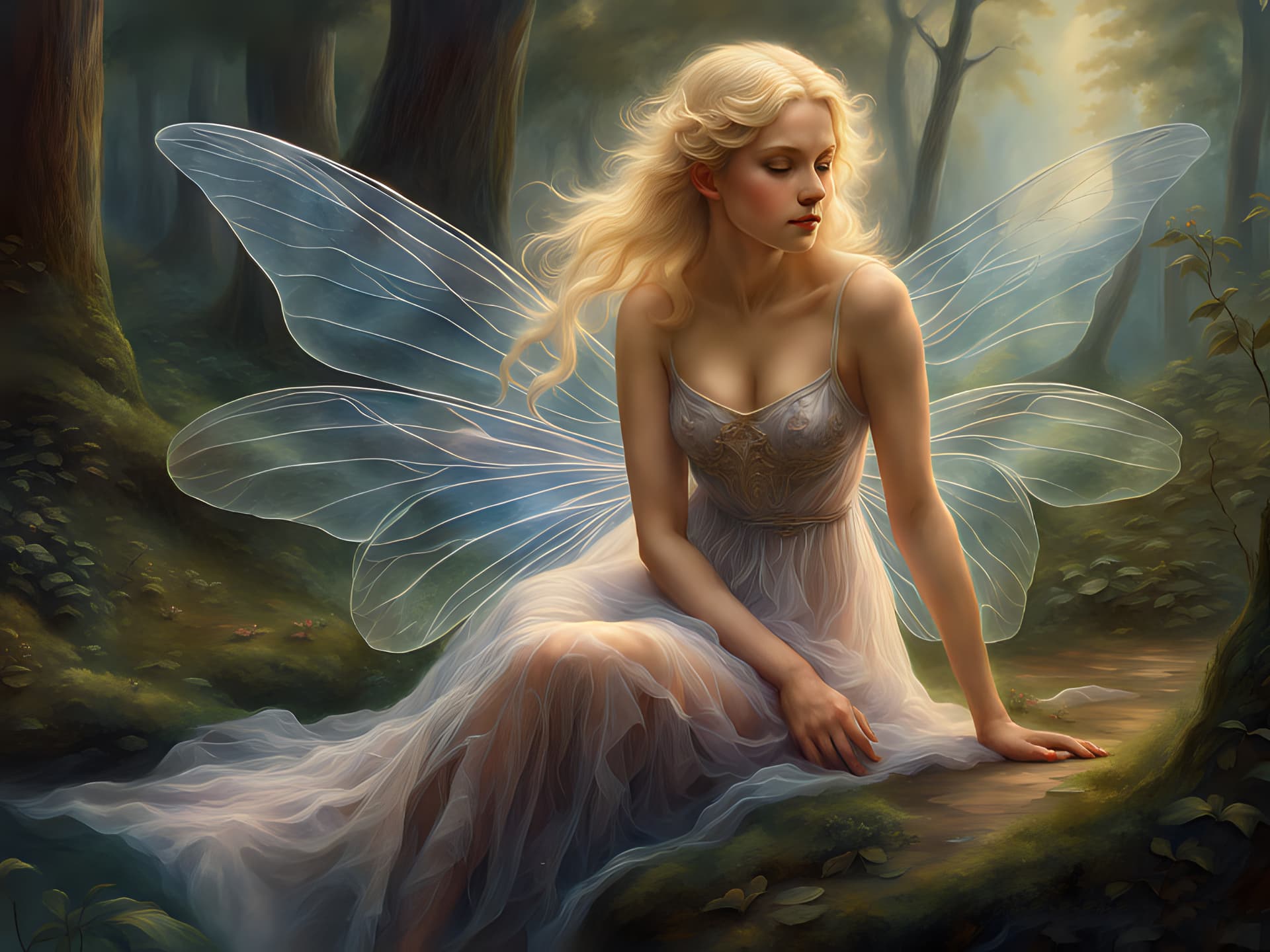 AI generated: A close up of a beautiful fairy with blonde hair wearing a semi-transparent dress, bare feet, large ...