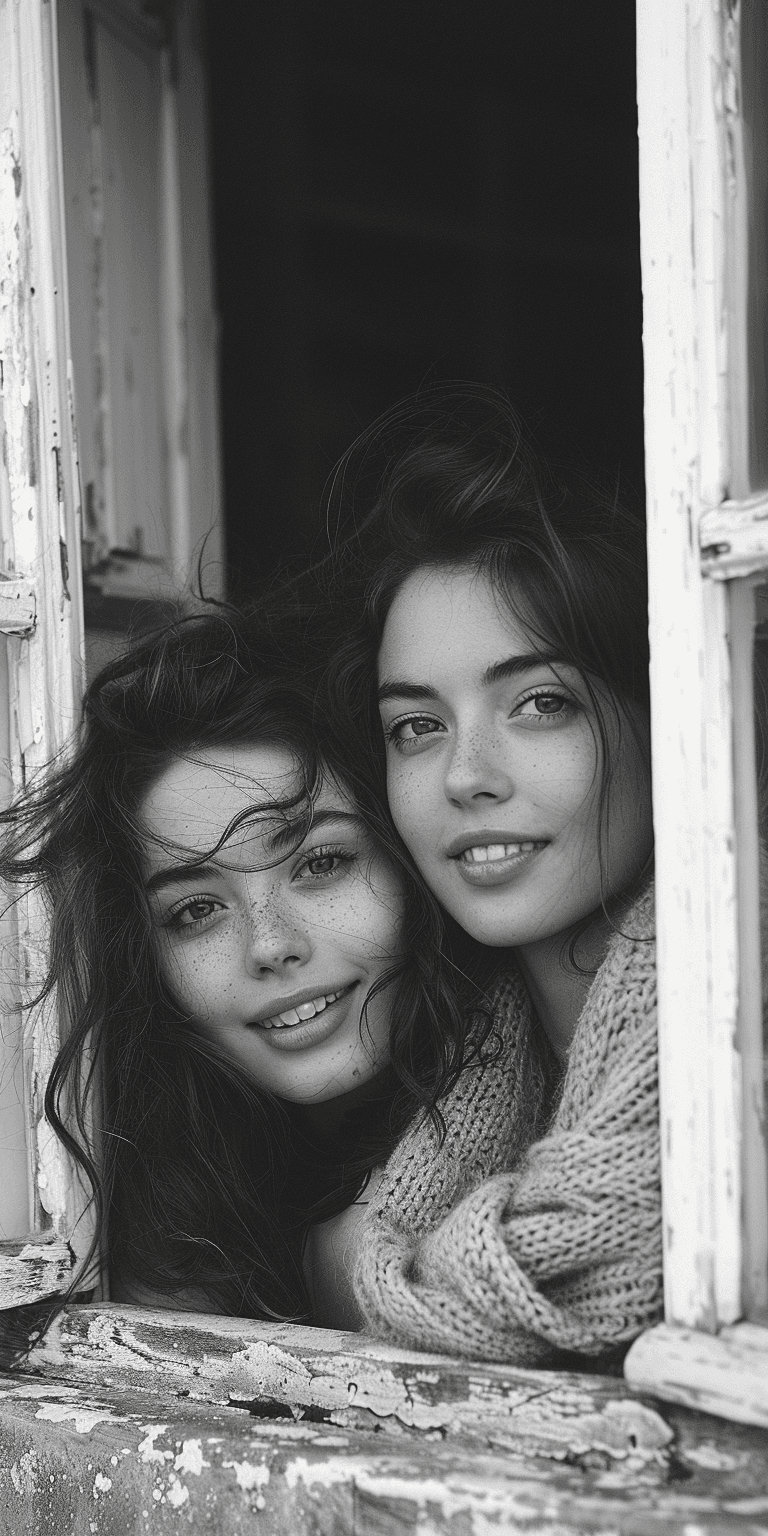 AI generated: A black and white photo of two young women smiling as they lean out the window of an old house in Fr...