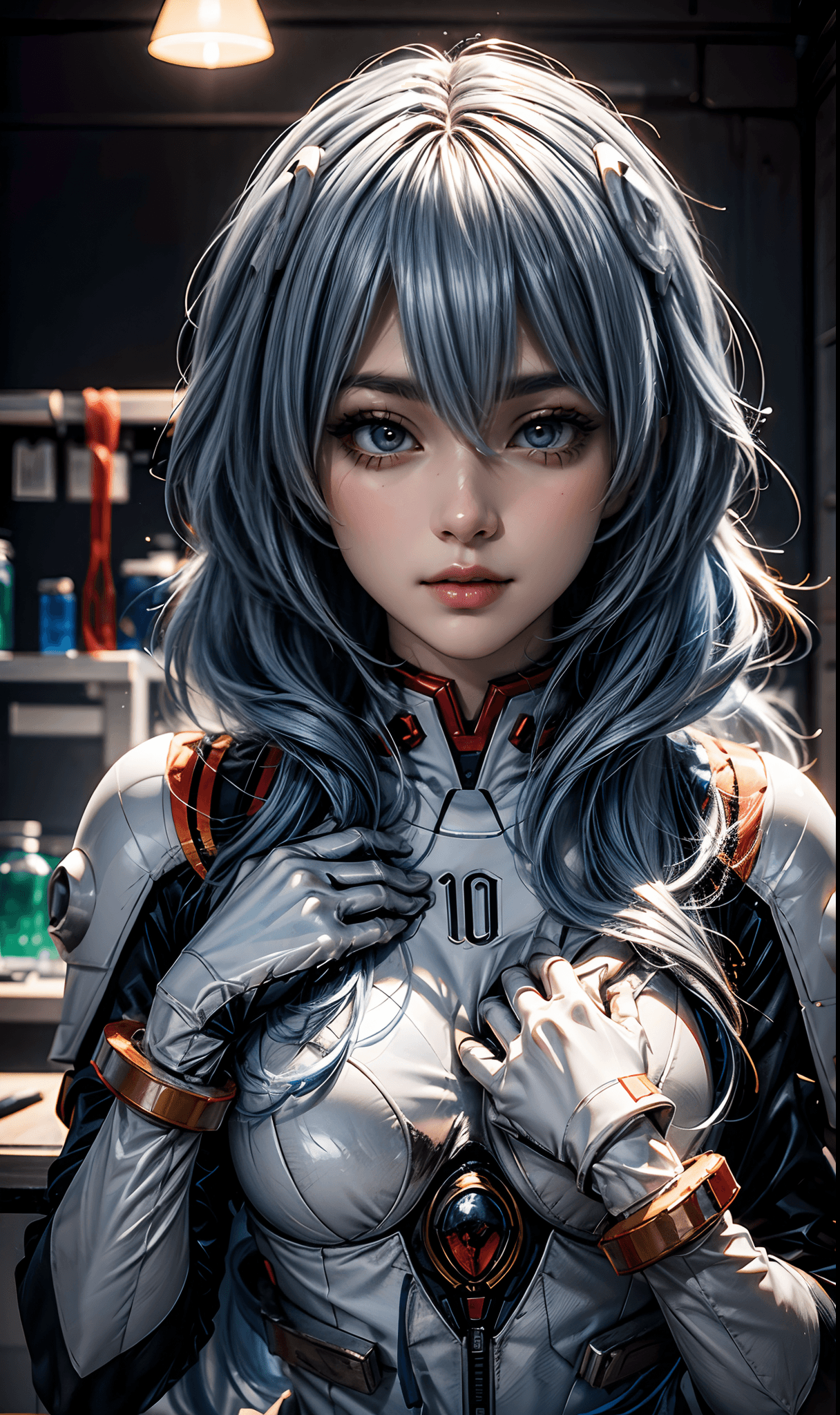 AI generated: (masterpiece, best quality), 1girl, beautiful face, ayanami cosplay costume, cosplay, long hair, bod...