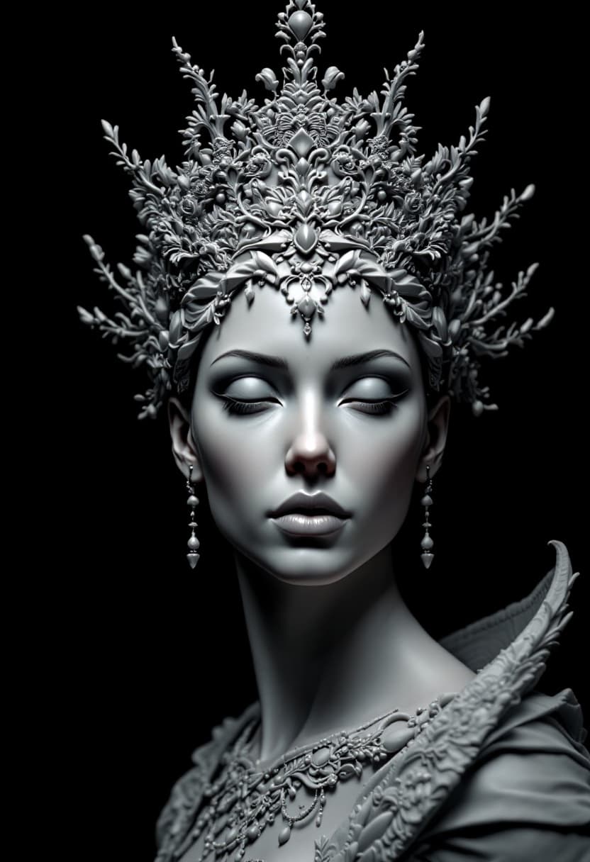 AI generated: a black and white sculpture of a woman with an elaborate crown, in the style of hyper-realistic sci-...