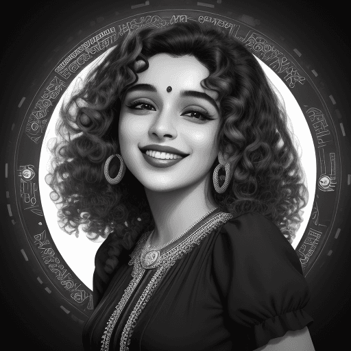 AI generated: woman smiling in black and white with curly hair, in the style of y2k aesthetic, indian pop culture,...