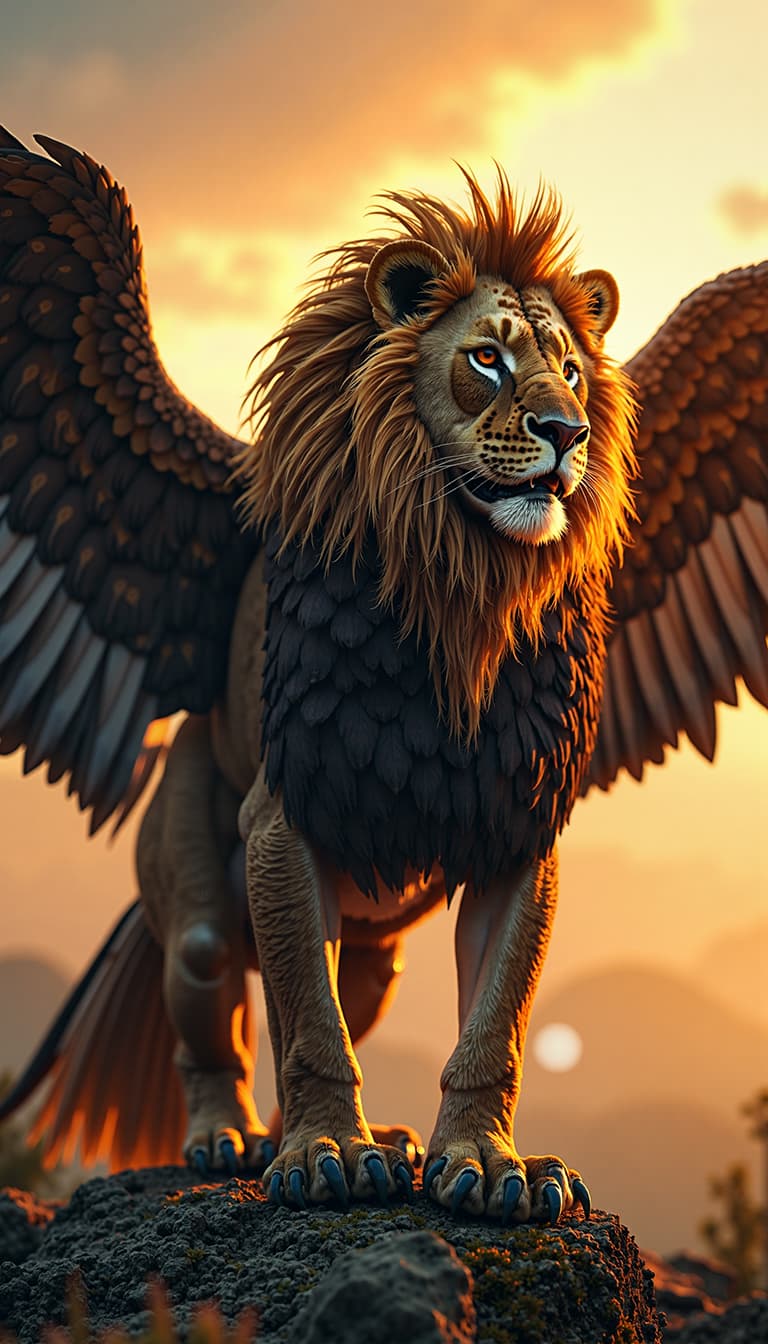 AI generated: Create a surreal and hyper-detailed photomontage of a lion and an eagle fused into a single mythical...