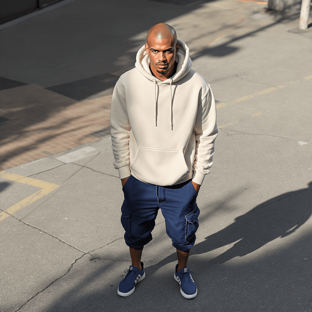 AI generated: Top view, full body, model, almost bald, standing on the street, wearing an overly fitted beige hood...