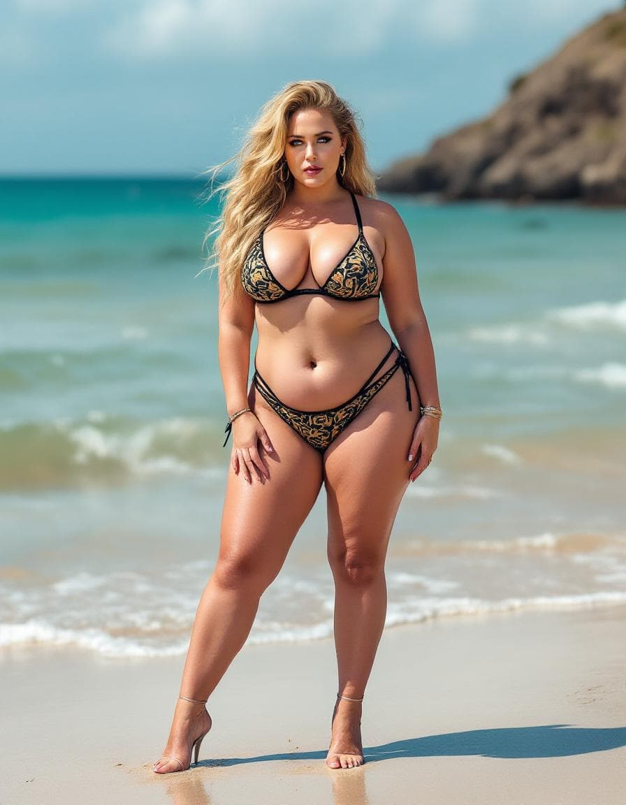 AI generated: fit singer Adele standing on beach with thick hips and heavy weighted chest  in sling bikini and hig...