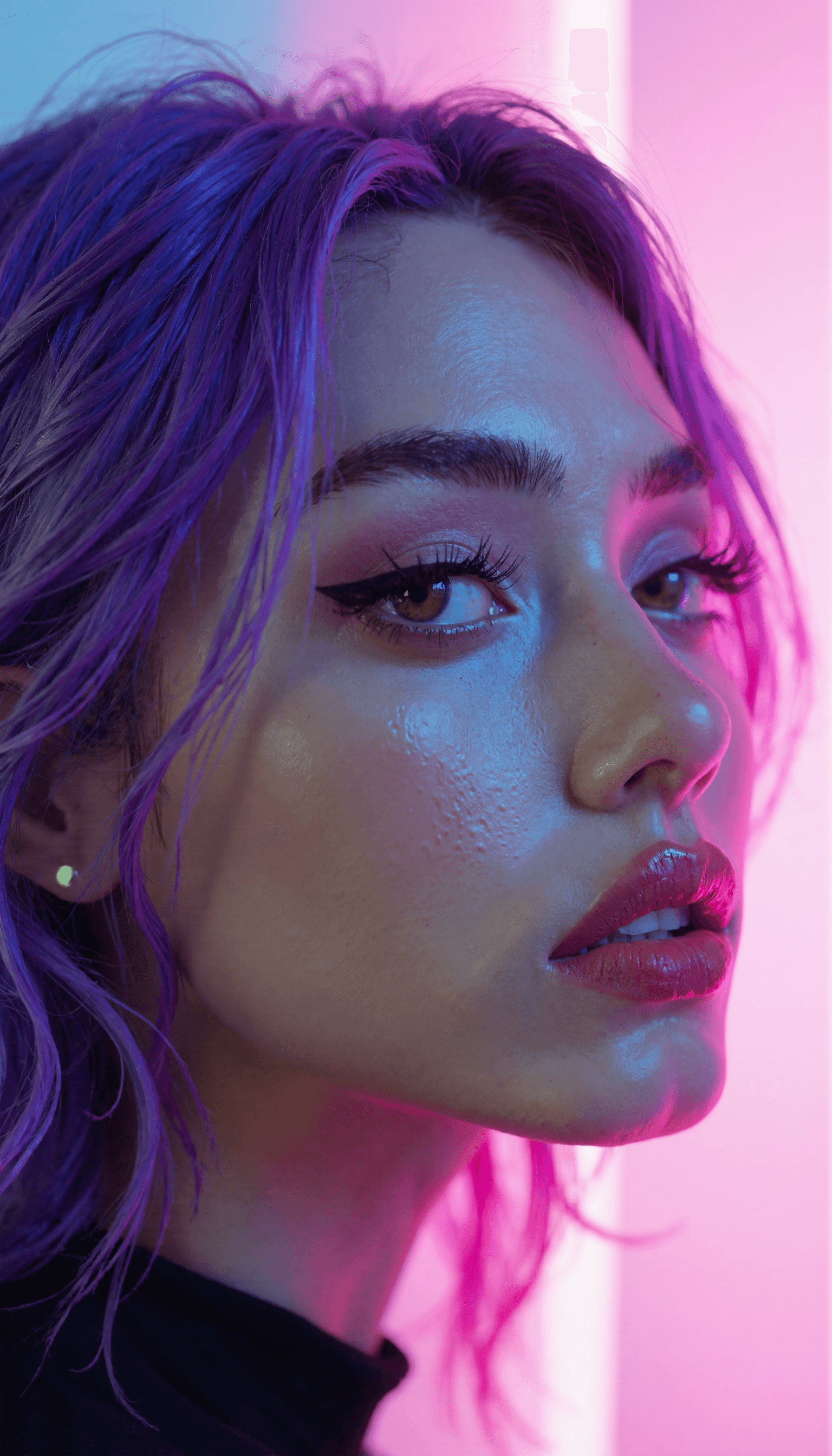 AI generated: A close-up portrait of a woman with vibrant purple hair, captured in ultra-realistic 8K resolution u...