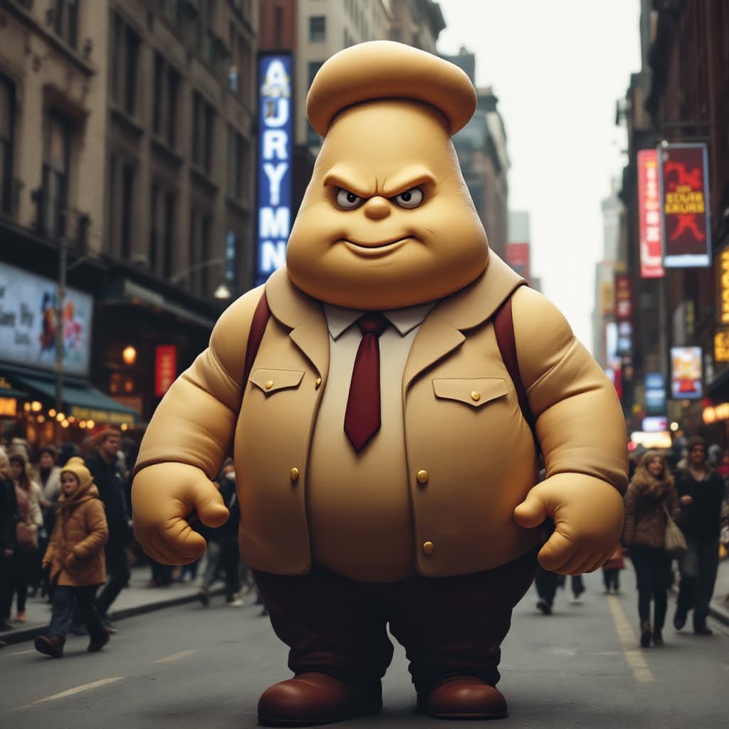 AI generated: Picture a stern-looking, iconic, large, and tall dough man striding down the streets of a city remin...