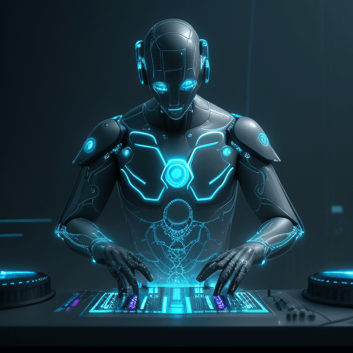 AI generated: conceptual 3D render bioluminescence man with artificial intelligence playing at the DJ console supe...