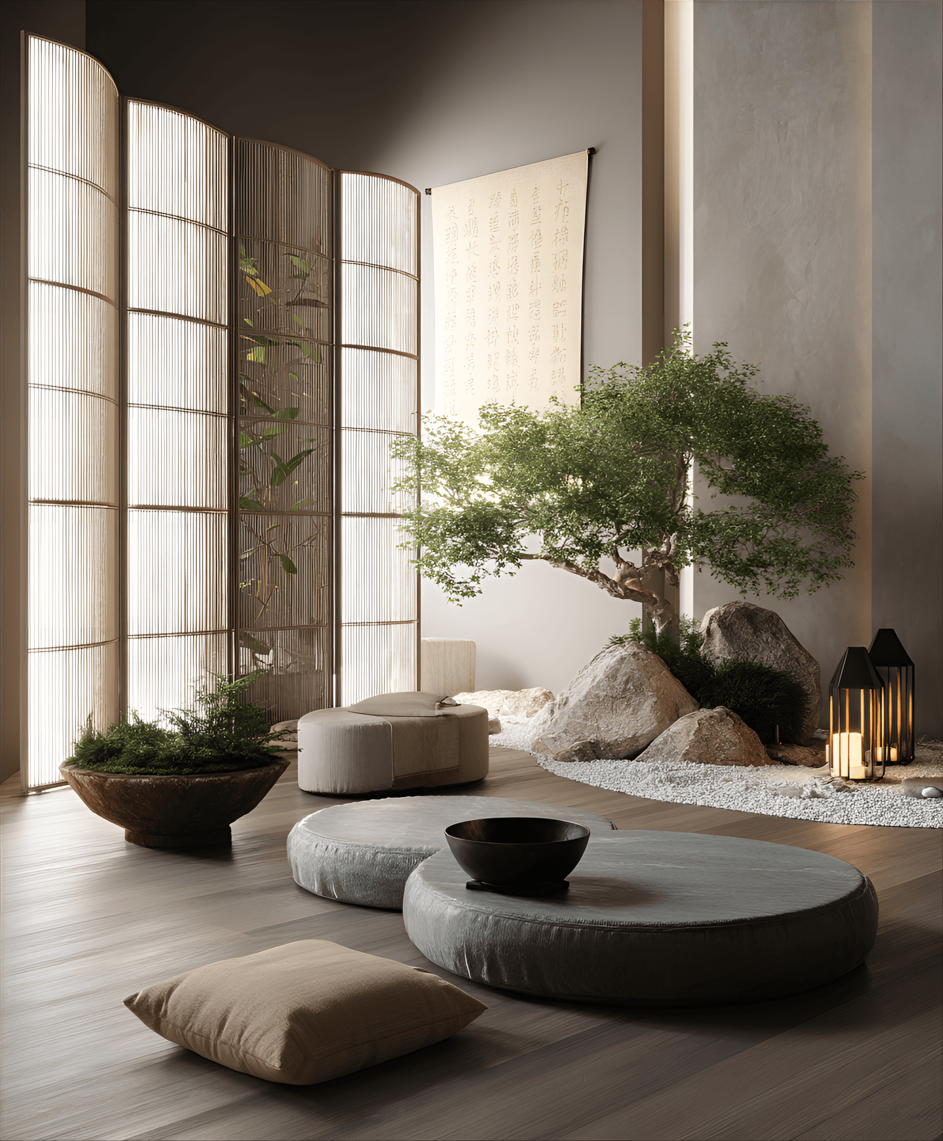 AI generated: photography, a serene meditation room featuring a zen garden, floor cushions, and bamboo dividers, c...