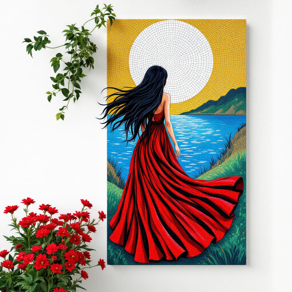 AI generated: Create an image of a vibrant mosaic art piece by Laurel True, viewed from a high-angle perspective a...