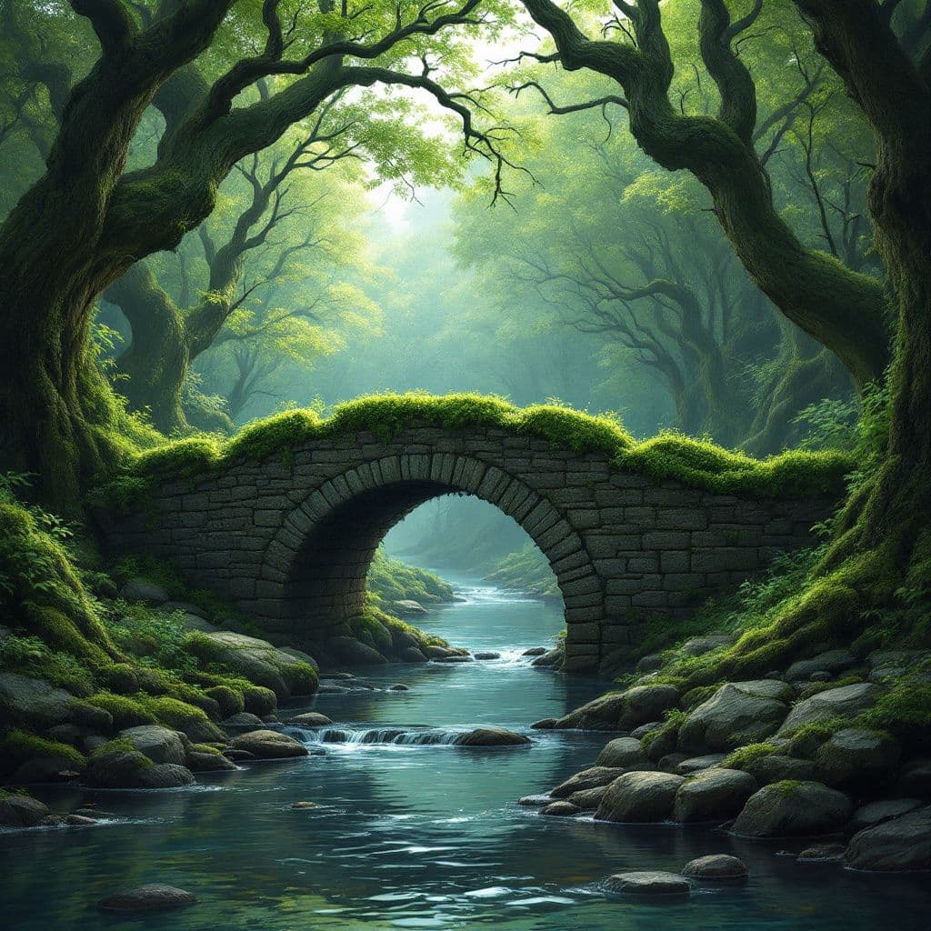 AI generated: a serene and mystical forest scene, with a stone bridge spanning a tranquil stream as its central fo...